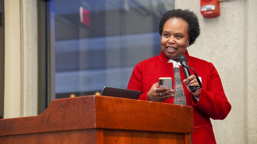 Harvard College Dean for Administration and Finance, Sheila Thimba provides introductory remarks.
