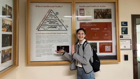 Student stands in front of a hierarchy diagram.