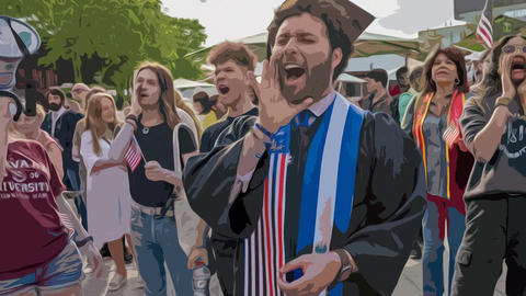 Male student with a cap and gown surrounded by fellow protesters
