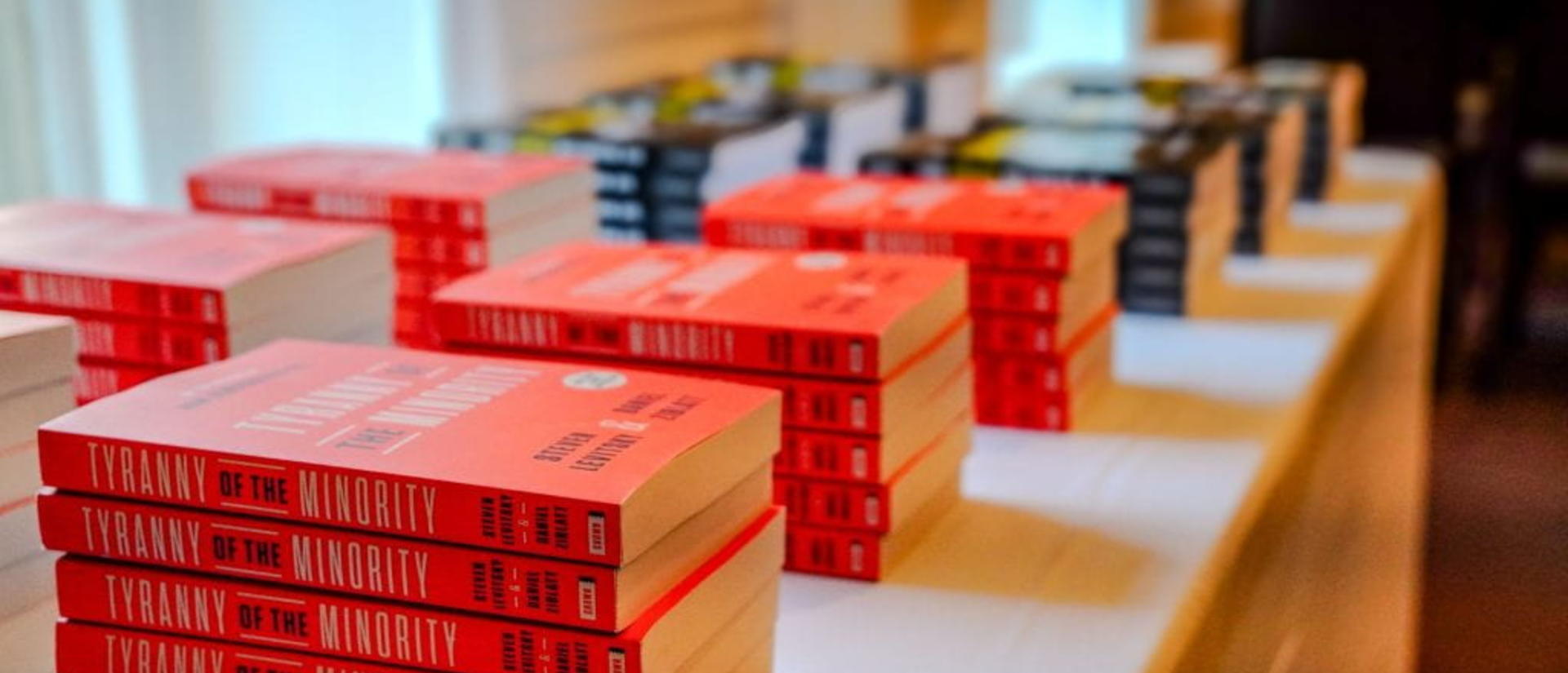 Stacks of books on a table