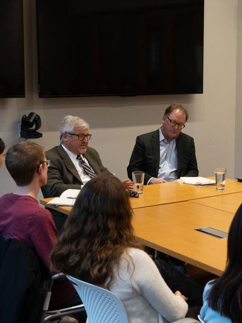Students gather to hear from AEI President, Robert Doar (right) and HLS Professor Jack Goldsmith (left) as they discuss modern Cnservatism
